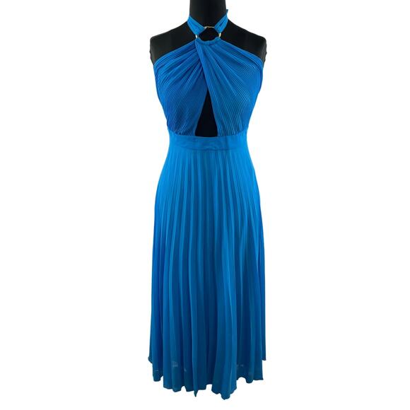 ZARA Camisole Halter Pleated Slip Dress Blue Cutout Sleeveless Midi Dress M NEW - Picture 2 of 12